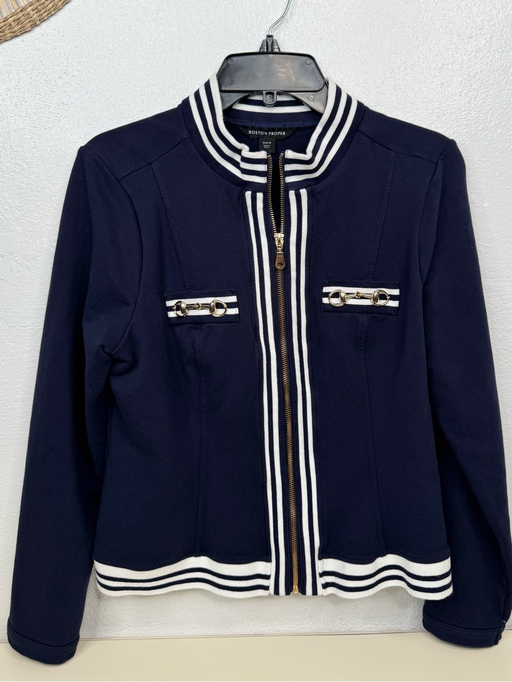 Boston Proper Jacket Womens M Navy Blue Full Zip Gold Hardware